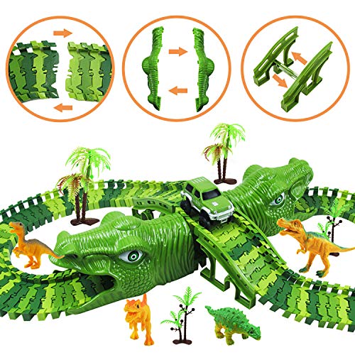 Diealles Shine Pista de Dinosaurios, 153 Piezas Dinosauri Pista, Flexible Pista Dinosaurio con 8 Dinosaurios Juguetes, Pista de Coches para Niños 3 4 5 6 Años Regalos