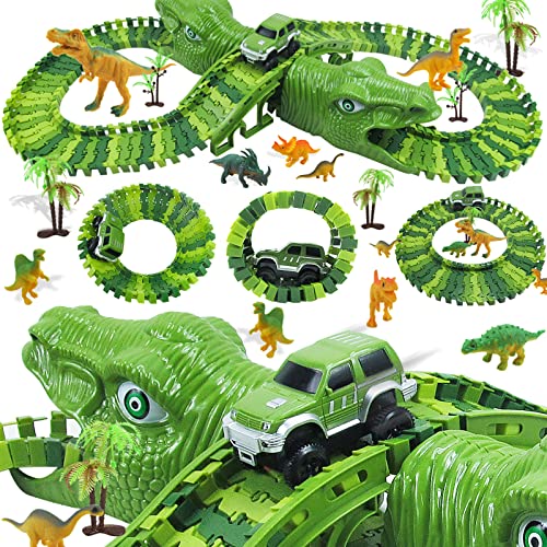 Diealles Shine Pista de Dinosaurios, 153 Piezas Dinosauri Pista, Flexible Pista Dinosaurio con 8 Dinosaurios Juguetes, Pista de Coches para Niños 3 4 5 6 Años Regalos