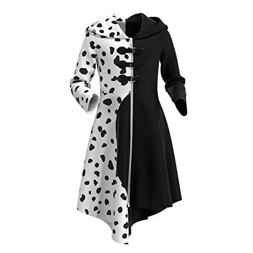 Disfraz de Cruella Deville para Niñas 101 Dálmatas Cruela Vestido Cosplay Fiesta Cumpleaños Navidad Costume de Halloween Vestido Abrigo con Guantes Peluca Soporte para Cigarrillos 4pcs 9-10 años