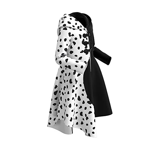 Disfraz de Cruella Deville para Niñas 101 Dálmatas Cruela Vestido Cosplay Fiesta Cumpleaños Navidad Costume de Halloween Vestido Abrigo con Guantes Peluca Soporte para Cigarrillos 4pcs 9-10 años