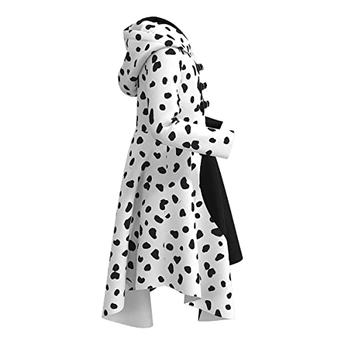 Disfraz de Cruella Deville para Niñas 101 Dálmatas Cruela Vestido Cosplay Fiesta Cumpleaños Navidad Costume de Halloween Vestido Abrigo con Guantes Peluca Soporte para Cigarrillos 4pcs 9-10 años