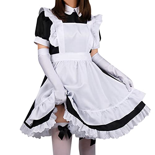 Disfraz de hacha de pelea medieval para mujer, 6 piezas, 1 vestido + 1 delantal, 2 bandas para el pelo, 1 calcetines + 1 guantes Pure Want Little Japonés Yukata, kimono anime, cosplay, Negro , S