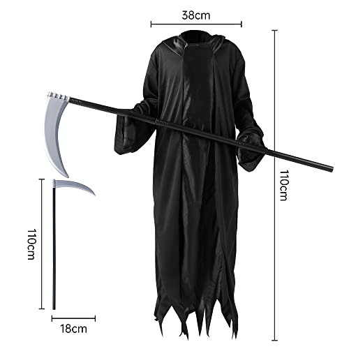 Disfraz de la Parca para niños, 2 piezas, capa larga negra con capucha y arma de guadaña de plástico, para el Día Mundial del Libro, disfraz de Halloween para niños (talla L)