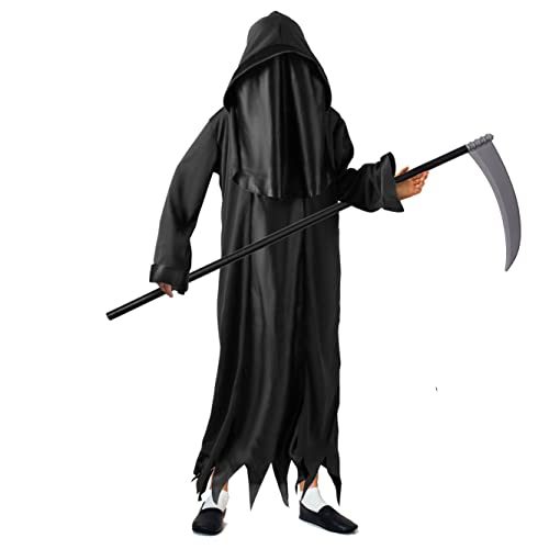 Disfraz de la Parca para niños, 2 piezas, capa larga negra con capucha y arma de guadaña de plástico, para el Día Mundial del Libro, disfraz de Halloween para niños (talla L)