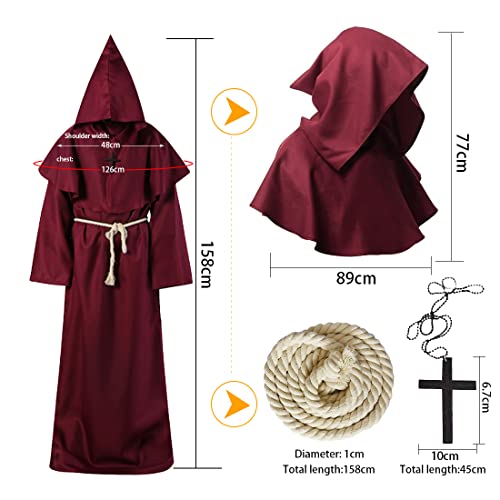 Disfraz de Monje, L Medieval Fraile Túnica, borgoña Halloween Prister Disfraz, Encapuchado Renacimiento Túnica con Cruz, Traje de Sacerdote para Halloween Carnaval Fiesta temática