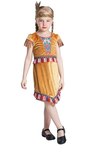 Disfraz de nativo indio para niñas, disfraz indígena americano con flecos, vestido beige del salvaje oeste para fiesta de Halloween con tocado, 3-10 años