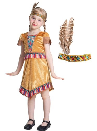 Disfraz de nativo indio para niñas, disfraz indígena americano con flecos, vestido beige del salvaje oeste para fiesta de Halloween con tocado, 3-10 años