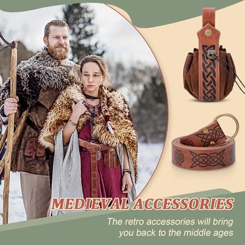 Disfraz de nigromante de Halloween, Cinturón de cuero de imitación medieval + Bolso Vikingo de cuero con Cordón, para Cosplay Accesorios de disfraz de bruja mago de Carnaval de Halloween