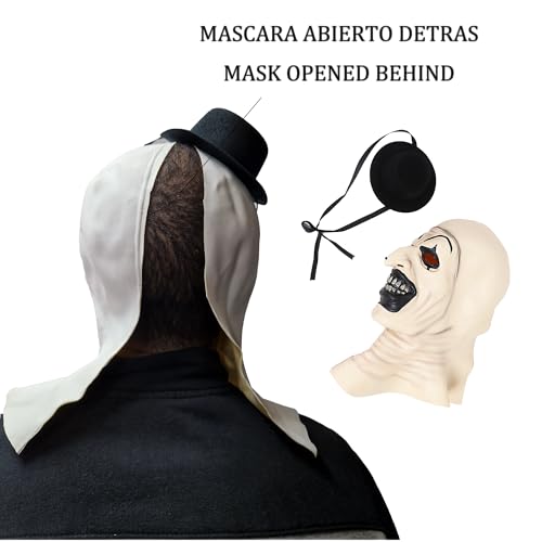 Disfraz Terrifier Adulto, Disfraz Terrifier halloween Mujer Hombre S M L Unisex, Mascara Terrifier Halloween+Cuchillo+Guantes,Disfraz Payaso Asesino Blanco y Negro (L, MONO+MASCARA+CUCHILLO+GUANTES)