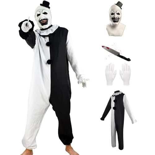 Disfraz Terrifier Adulto, Disfraz Terrifier halloween Mujer Hombre S M L Unisex, Mascara Terrifier Halloween+Cuchillo+Guantes,Disfraz Payaso Asesino Blanco y Negro (L, MONO+MASCARA+CUCHILLO+GUANTES)