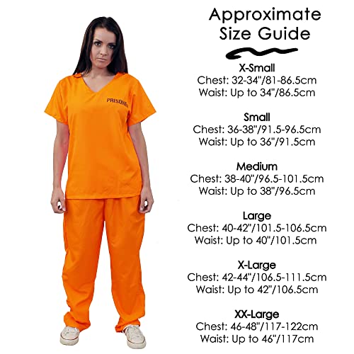 Disfraz unisex de prisioneros para adultos con puños, talla XL, camiseta de prisionero naranja, pantalones naranjas a juego, esposas de utilería, policías y ladrones, disfraz de Halloween