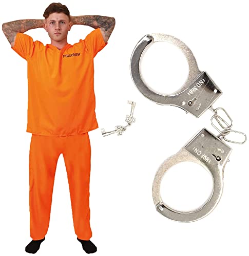 Disfraz unisex de prisioneros para adultos con puños, talla XL, camiseta de prisionero naranja, pantalones naranjas a juego, esposas de utilería, policías y ladrones, disfraz de Halloween