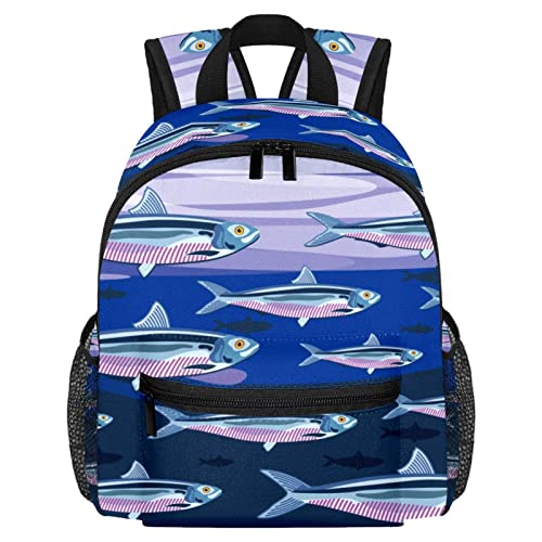 DJROW Mochila escolar con patrón de peces de colonia de sardina para niños y niñas, Multicolor, small