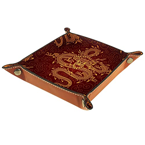 Dragón Chino Dorado Rojo Clásico Bandeja De Dados Bandeja De Dados Plegable El Soporte De Cuero Pu Es Adecuado Para Juegos De Dados, Como Rpg Dnd Y Otros Juegos De Mesa 16x16cm