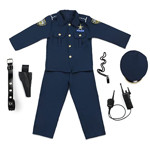 Dress Up America Disfraz De Policía Para Niños - Disfraz De Policía De Juego De Rol Para Niños - Conjunto De Camisa, Pantalones, Gorro, Cinturón, Silbato, Funda Para Pistola Y Walkie Talkie De Policía