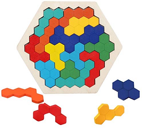 EACHHAHA Juguetes de Rompecabezas de Hexágonos de Madera, Bloques de Rompecabezas de Madera para Desafiar la Mente, Juguetes Educativos de Rompecabezas, Tangram para Niños de 4, 5, 6 y 7Años