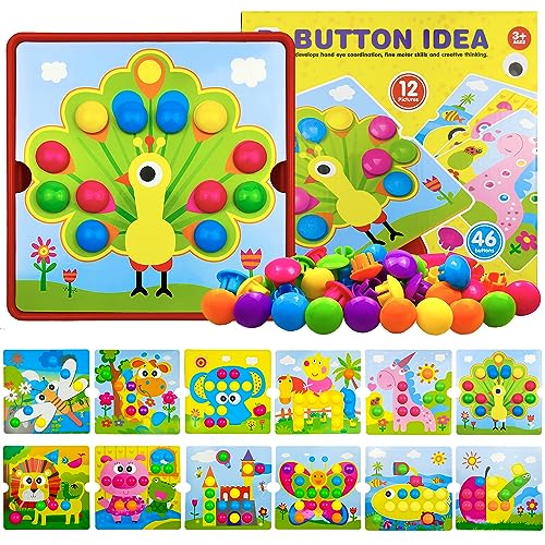 Eagool Mosaicos Infantiles, Colorido Mosaico de Juguetes para Niños, Regalos Manualidades para Niñas, Juego Preescolar a Partir de 2 3 Años, 12 Cartas y 46 Botones