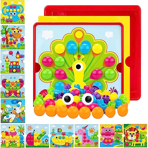 Eagool Mosaicos Infantiles, Colorido Mosaico de Juguetes para Niños, Regalos Manualidades para Niñas, Juego Preescolar a Partir de 2 3 Años, 12 Cartas y 46 Botones