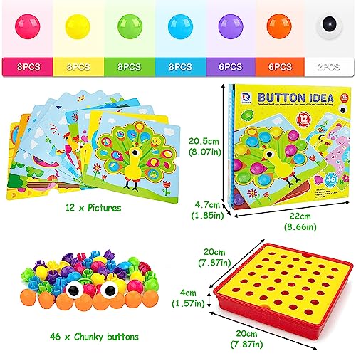 Eagool Mosaicos Infantiles, Colorido Mosaico de Juguetes para Niños, Regalos Manualidades para Niñas, Juego Preescolar a Partir de 2 3 Años, 12 Cartas y 46 Botones