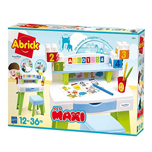 Ecoiffier Maxi Abrick Mi Primer Escritorio con Taburete, Incluye Plantillas y portalápices, Medidas: 43x20x48, Adecuado para niños a Partir de 1 año (7851), Multicolor