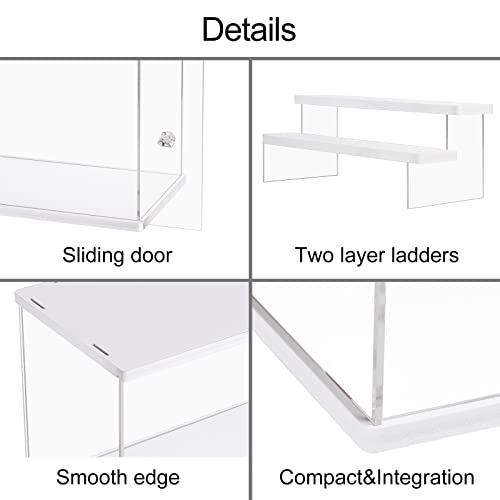 ECOSEAO Vitrina de acrílico Caja de almacenamiento de exhibición transparente con puerta corredera para coleccionables, figuritas en miniatura (White, 31.5x18x21.8cm)