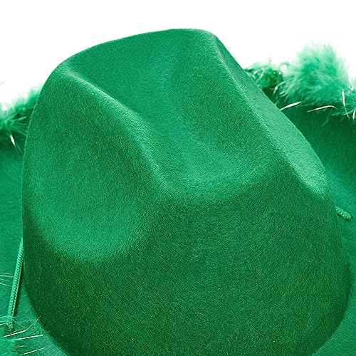 Edhomenn Sombrero de vaquero de fieltro para mujer, ribete de plumas esponjosas, sombrero de vaquera, disfraz de juego de rol, accesorio para fiesta de cosplay (B-verde, 32 cm x 42 cm x 18 cm)