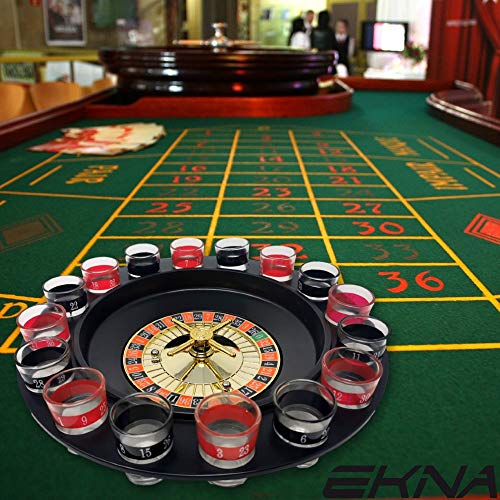 EKNA® Juego de ruleta para beber (juego de ruleta) – Accesorios para fiestas – Ruleta juego de bebidas – Disco de ruleta con 2 vasos de chupito de 8 ruletas