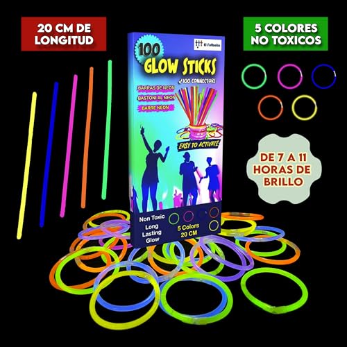 EL FUTBOLIN Pulseras Luminosas Fluorescentes | 100 Barras Luminosas + 100 Conectores | Regalo Fiesta de Cumpleaños | Boda y Eventos | Decoración Navidad | Pack de Palos de Neón