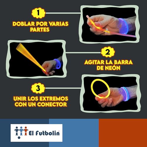 EL FUTBOLIN Pulseras Luminosas Fluorescentes | 100 Barras Luminosas + 100 Conectores | Regalo Fiesta de Cumpleaños | Boda y Eventos | Decoración Navidad | Pack de Palos de Neón