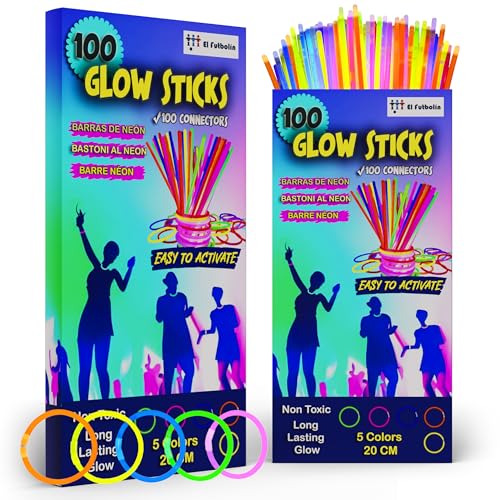 EL FUTBOLIN Pulseras Luminosas Fluorescentes | 100 Barras Luminosas + 100 Conectores | Regalo Fiesta de Cumpleaños | Boda y Eventos | Decoración Navidad | Pack de Palos de Neón