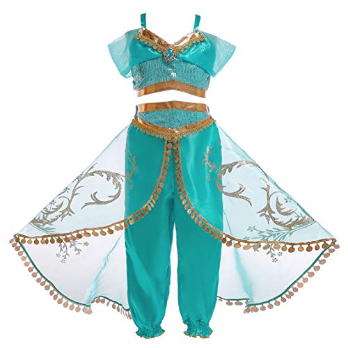 Eleasica Cosplay Princesa Jasmine Vestido de Princesa Pantalon y Blusa Fiesta Disfraz Jazmin Baile Danza del Vientre Pelicula Aladdin y Lampara Magica para Regalo Cumpleaños Niñas 3 a 10 años