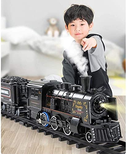 elemhome Modelo de juguete eléctrico de carretera, locomotora de vapor, juego de tren de carga con luces de sonido realistas de tren y negro ahumado