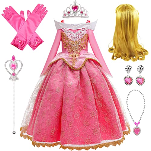 Emin Niña Vestido de Princesa Aurora Disfraz de Bella Durmiente con Accesorios Vestido de Princesa de Cuento de Hadas Cumpleaños Cosplay Halloween Navidad Carnaval Bautizo Vestirse