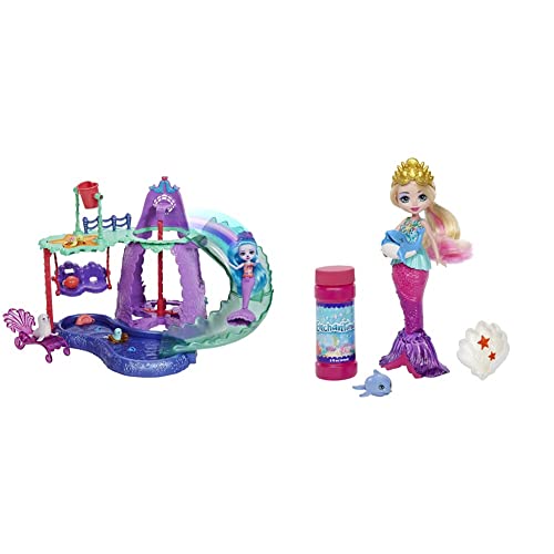 Enchantimals Royal Ocean Kingdom Parque acuático de Shayda Sea Lion Muñeca con Set de Juego de Agua, Mascotas y Accesorios +, muñeca Sirena Atlantia para Hacer Burbujas Incluye Mascota Delfin