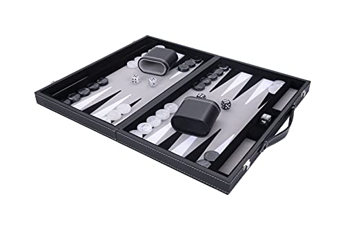 Engelhart - Backgammon de Lujo 45,5 cm Piel Simili, Incrustaciones Especiales de Fieltro - Dados y fichas nacaradas + 2 Tazas (Negro/Blanco/Gris)