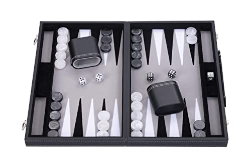 Engelhart - Backgammon de Lujo 45,5 cm Piel Simili, Incrustaciones Especiales de Fieltro - Dados y fichas nacaradas + 2 Tazas (Negro/Blanco/Gris)