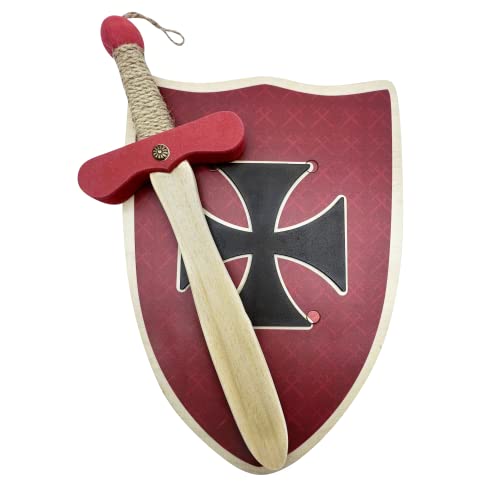 Escudo y Espada Medieval de Madera con relieve - Niños y Niñas - Disfraz Medieval Niños, Disfraz Caballero Medieval, Regalos Cumpleaños, Complemento Juegos, Juegos Imitación, Juguete (30 cm, Rojo)