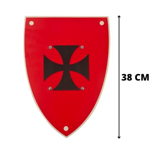 Espada y Escudo de Caballero de Madera Artesanales - Juguete para Niños y Niñas - Complemento para Juegos, Juegos Imitación, Disfraz, Medieval, Guerrero, Fiesta Temática, Edad Media (38 cm, Rojo)