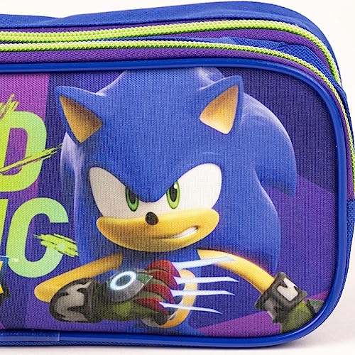 Estuche con Doble Compartimento de Sonic Prime - Color Morado y Azul - 22,5x8x10 cm - Fabricado en Poliéster - Cierre de Cremallera - Estampado de Sonic Prime - Producto Original Diseñado en España