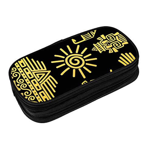 Estuche organizador con cremallera, color negro, tótem maya, símbolo dorado