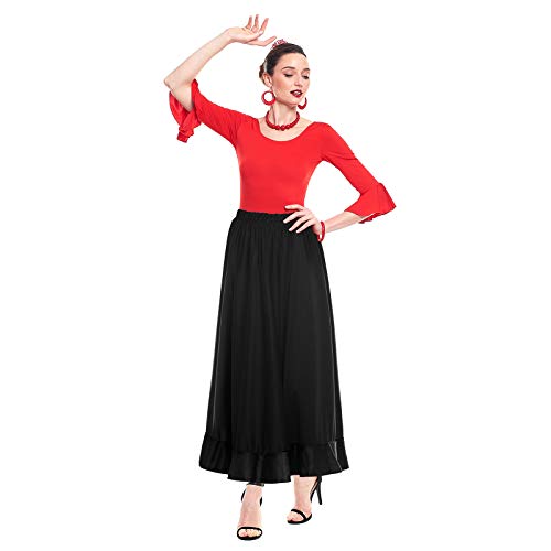 Falda Flamenca Mujer Larga Negra Volante Simple [Tallas Adulto S a XXL]【Talla XL】 Ensayo Baile Danza Disfraz