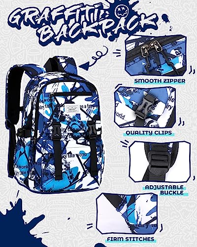 Fanwoli Juego De Mochilas Escolares para Niños Adolescentes De 3 Piezas, Mochila De Graffiti para Niños con Correa Antideslizante para El Pecho, Mochila Escolar Impermeable para Niños De 3 A 6 Grado