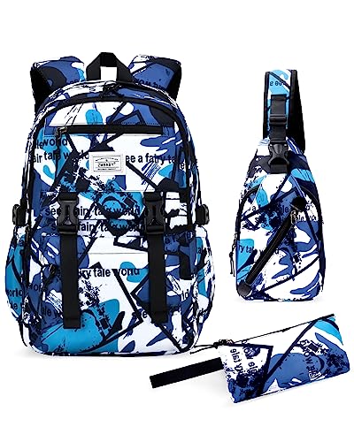 Fanwoli Juego De Mochilas Escolares para Niños Adolescentes De 3 Piezas, Mochila De Graffiti para Niños con Correa Antideslizante para El Pecho, Mochila Escolar Impermeable para Niños De 3 A 6 Grado