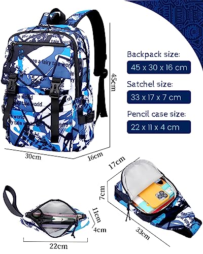 Fanwoli Juego De Mochilas Escolares para Niños Adolescentes De 3 Piezas, Mochila De Graffiti para Niños con Correa Antideslizante para El Pecho, Mochila Escolar Impermeable para Niños De 3 A 6 Grado