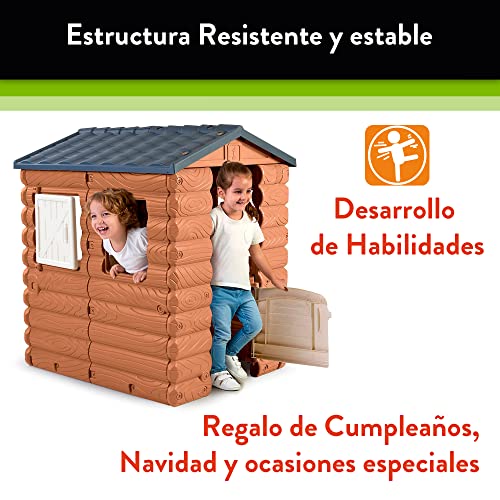 FEBER - Camping Cottage, cabaña de Juegos, una casita de Juguete Inspirada en la Naturaleza y con Aspecto de Madera, con Ventanas y Puerta abatibles,niños y niñas a Partir de 1año, Famosa (FEB05000)