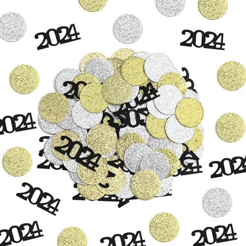 Feliz Año Nuevo Confeti Decoración De Mesa, 200PCS Negro Oro Plata Confeti de Mesa 2024 Decoración De Fiesta De Nochevieja para Fiesta De Año Nuevo Suministros De Decoración (Round)