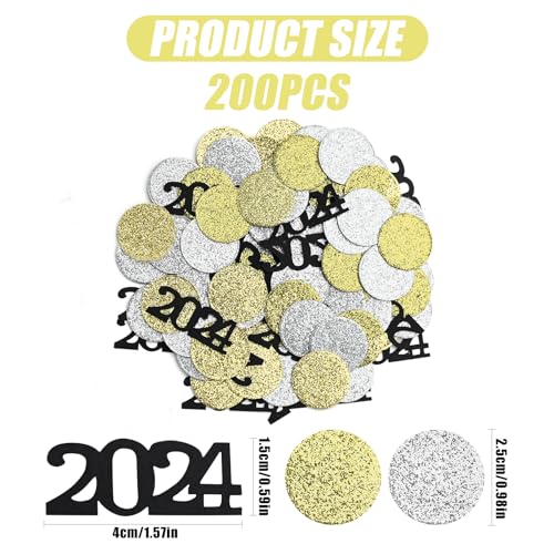 Feliz Año Nuevo Confeti Decoración De Mesa, 200PCS Negro Oro Plata Confeti de Mesa 2024 Decoración De Fiesta De Nochevieja para Fiesta De Año Nuevo Suministros De Decoración (Round)