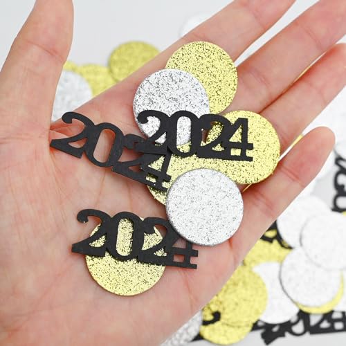 Feliz Año Nuevo Confeti Decoración De Mesa, 200PCS Negro Oro Plata Confeti de Mesa 2024 Decoración De Fiesta De Nochevieja para Fiesta De Año Nuevo Suministros De Decoración (Round)