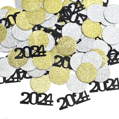 Feliz Año Nuevo Confeti Decoración De Mesa, 200PCS Negro Oro Plata Confeti de Mesa 2024 Decoración De Fiesta De Nochevieja para Fiesta De Año Nuevo Suministros De Decoración (Round)