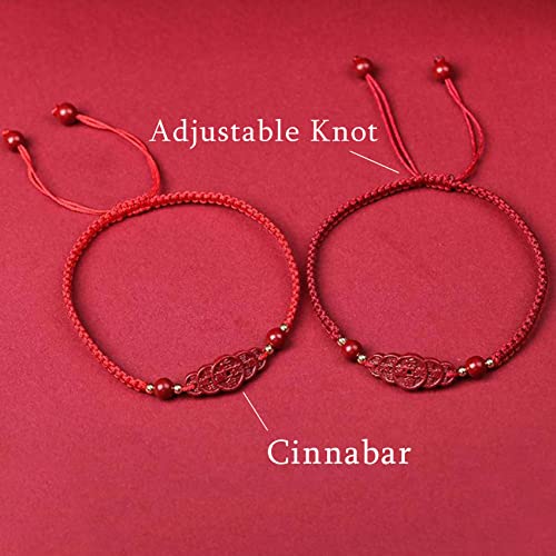 Feng Shui Pulsera Pulsera de piedra de cristal de cinabrio Cinco monedas antiguas Pulsera de amuletos de la suerte for mujeres Hombres Pulsera budista hecha a mano Talismán ajustable, rojo, amuletos d